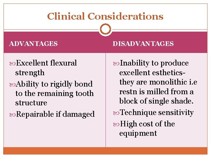 Clinical Considerations ADVANTAGES DISADVANTAGES Excellent flexural Inability to produce strength Ability to rigidly bond