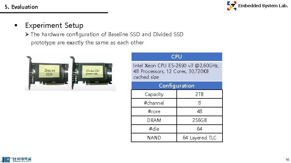 5. Evaluation § Embedded System Lab. Experiment Setup Ø The hardware configuration of Baseline