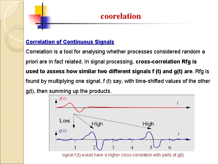 coorelation Correlation of Continuous Signals Correlation is a tool for analysing whether processes considered