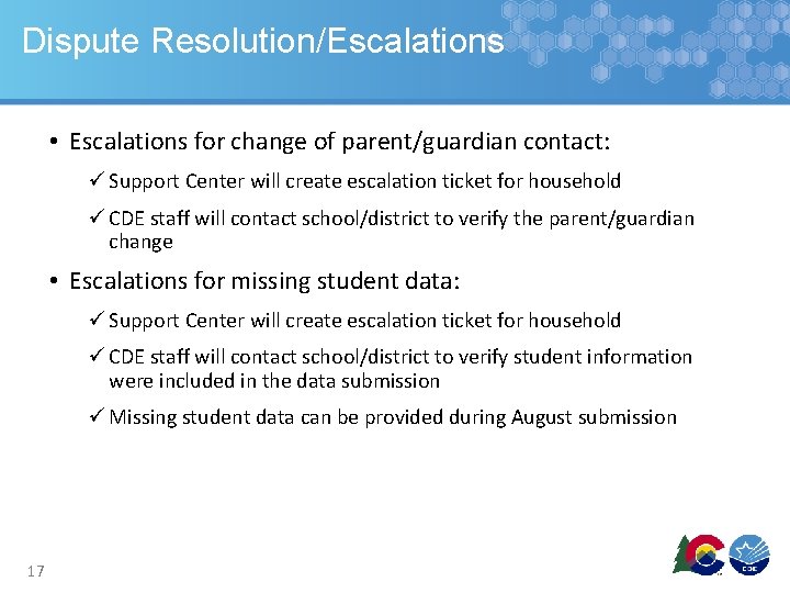 Dispute Resolution/Escalations • Escalations for change of parent/guardian contact: ü Support Center will create