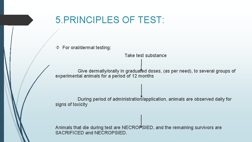 5. PRINCIPLES OF TEST: For oral/dermal testing: Take test substance Give dermally/orally in graduated