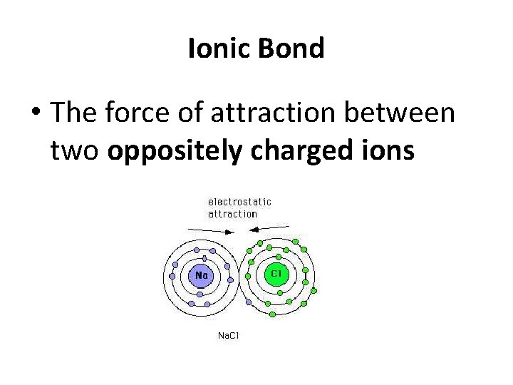 Ionic Bond • The force of attraction between two oppositely charged ions 