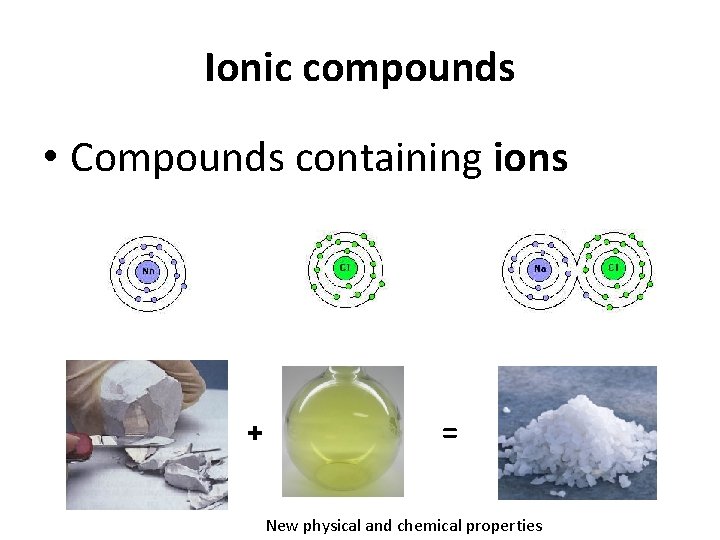 Ionic compounds • Compounds containing ions + = New physical and chemical properties 