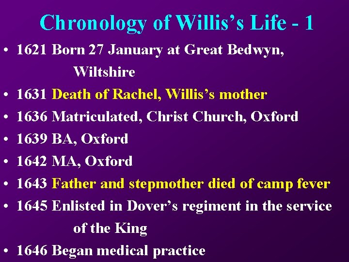 Chronology of Willis’s Life - 1 • 1621 Born 27 January at Great Bedwyn,