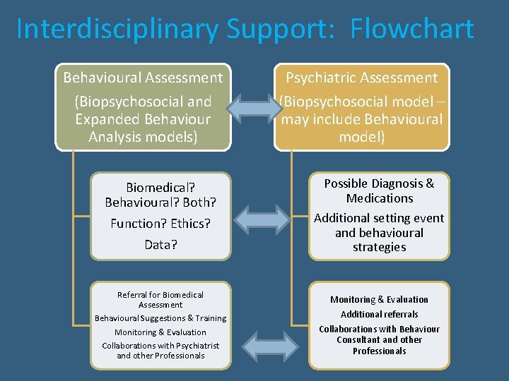 Interdisciplinary Support: Flowchart Behavioural Assessment Psychiatric Assessment (Biopsychosocial and Expanded Behaviour Analysis models) (Biopsychosocial
