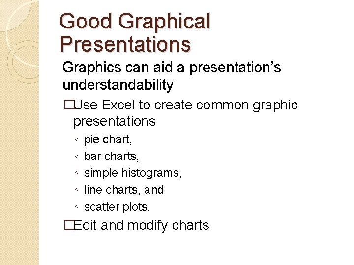 Good Graphical Presentations Graphics can aid a presentation’s understandability �Use Excel to create common