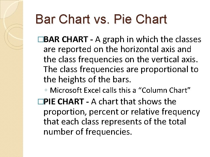 Bar Chart vs. Pie Chart �BAR CHART - A graph in which the classes