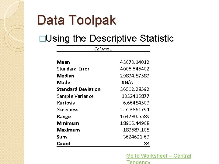 Data Toolpak �Using the Descriptive Statistic Column 1 Mean Standard Error Median Mode Standard
