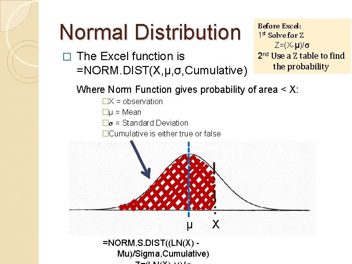 Normal Distribution � The Excel function is =NORM. DIST(X, µ, σ, Cumulative) Before Excel: