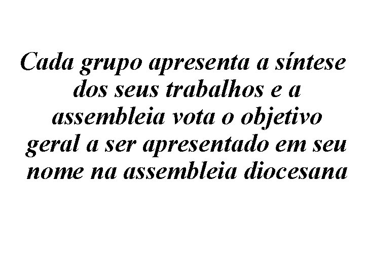 Cada grupo apresenta a síntese dos seus trabalhos e a assembleia vota o objetivo