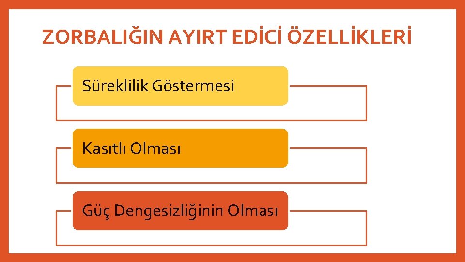 ZORBALIĞIN AYIRT EDİCİ ÖZELLİKLERİ Süreklilik Göstermesi Kasıtlı Olması Güç Dengesizliğinin Olması 