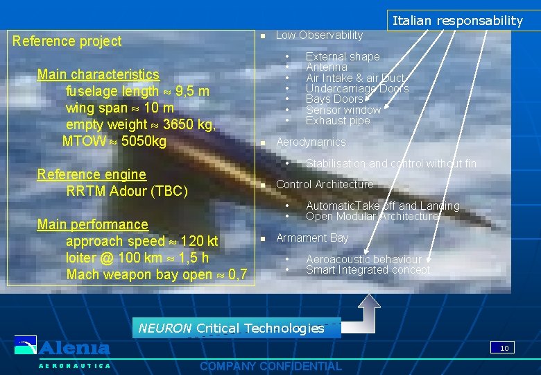 Italian responsability n Reference project Main characteristics fuselage length 9, 5 m wing span