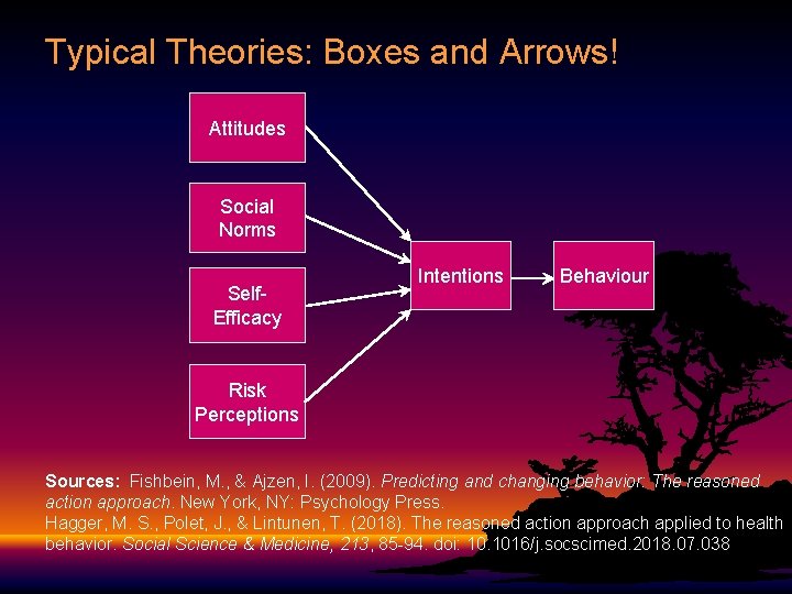Typical Theories: Boxes and Arrows! Attitudes Social Norms Self. Efficacy Intentions Behaviour Risk Perceptions