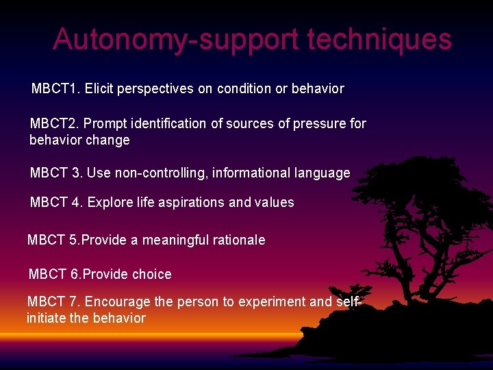 Autonomy-support techniques MBCT 1. Elicit perspectives on condition or behavior MBCT 2. Prompt identification