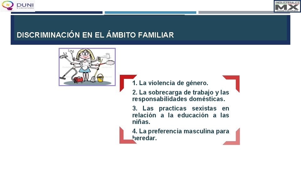 DISCRIMINACIÓN EN EL ÁMBITO FAMILIAR 1. La violencia de género. 2. La sobrecarga de