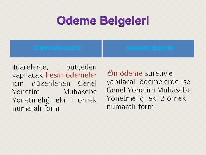 ÖDEME EMRİ BELGESİ � İdarelerce, bütçeden yapılacak kesin ödemeler için düzenlenen Genel Yönetim Muhasebe