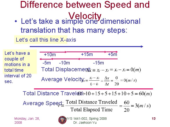 Difference between Speed and Velocity • Let’s take a simple one dimensional translation that