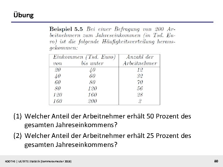 Übung (1) Welcher Anteil der Arbeitnehmer erhält 50 Prozent des gesamten Jahreseinkommens? (2) Welcher