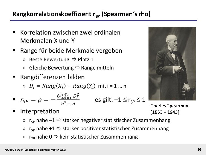 Rangkorrelationskoeffizient r. SP (Spearman‘s rho) § Charles Spearman (1863 – 1945) KOOTHS | UE/Bi.