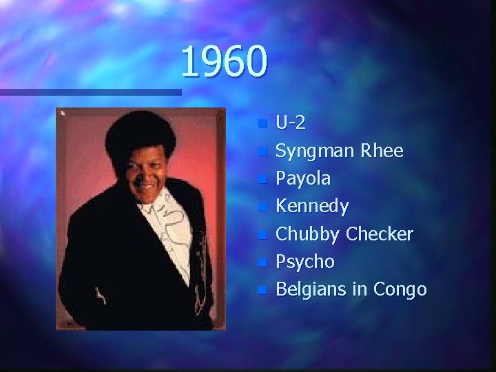 1960 n n n n U-2 Syngman Rhee Payola Kennedy Chubby Checker Psycho Belgians