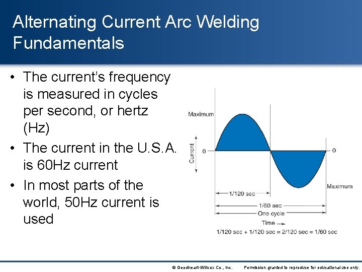 Alternating Current Arc Welding Fundamentals • The current’s frequency is measured in cycles per