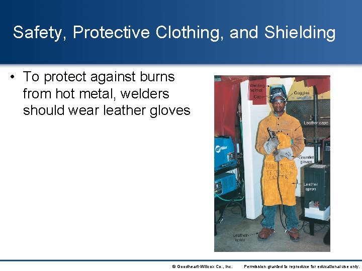 Safety, Protective Clothing, and Shielding • To protect against burns from hot metal, welders