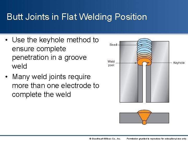 Butt Joints in Flat Welding Position • Use the keyhole method to ensure complete