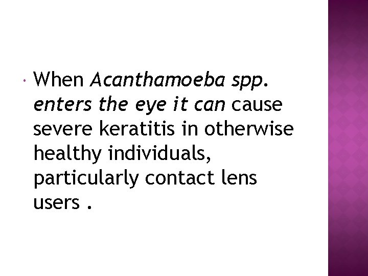  When Acanthamoeba spp. enters the eye it can cause severe keratitis in otherwise