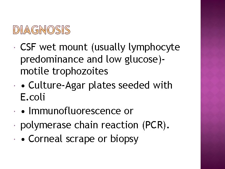  CSF wet mount (usually lymphocyte predominance and low glucose)motile trophozoites • Culture-Agar plates