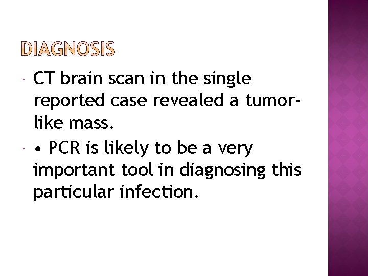  CT brain scan in the single reported case revealed a tumorlike mass. •