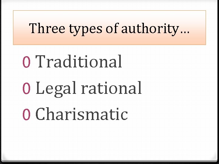 Three types of authority… 0 Traditional 0 Legal rational 0 Charismatic 