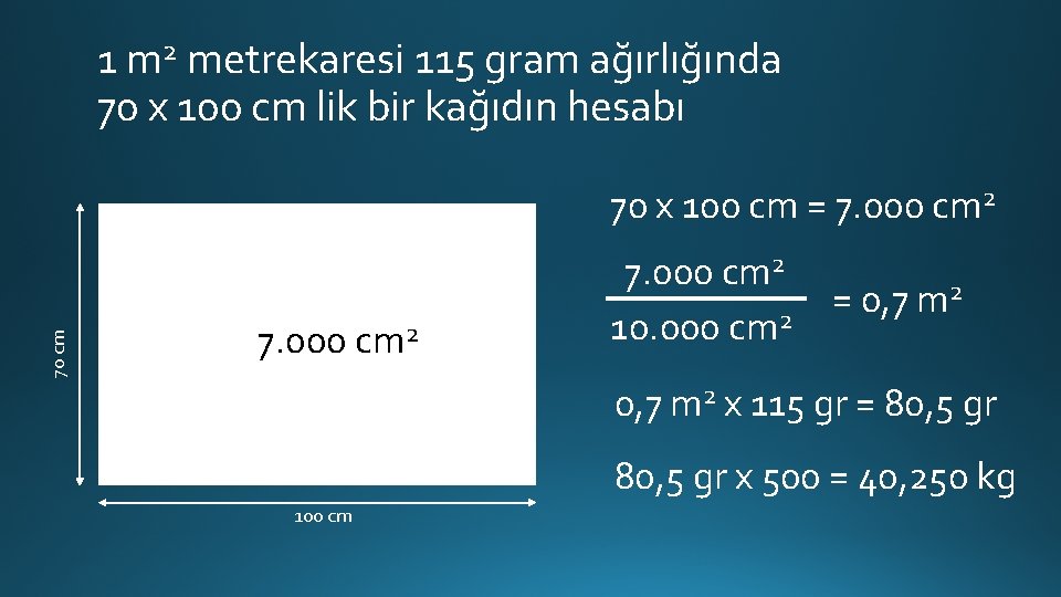 1 m 2 metrekaresi 115 gram ağırlığında 70 x 100 cm lik bir kağıdın