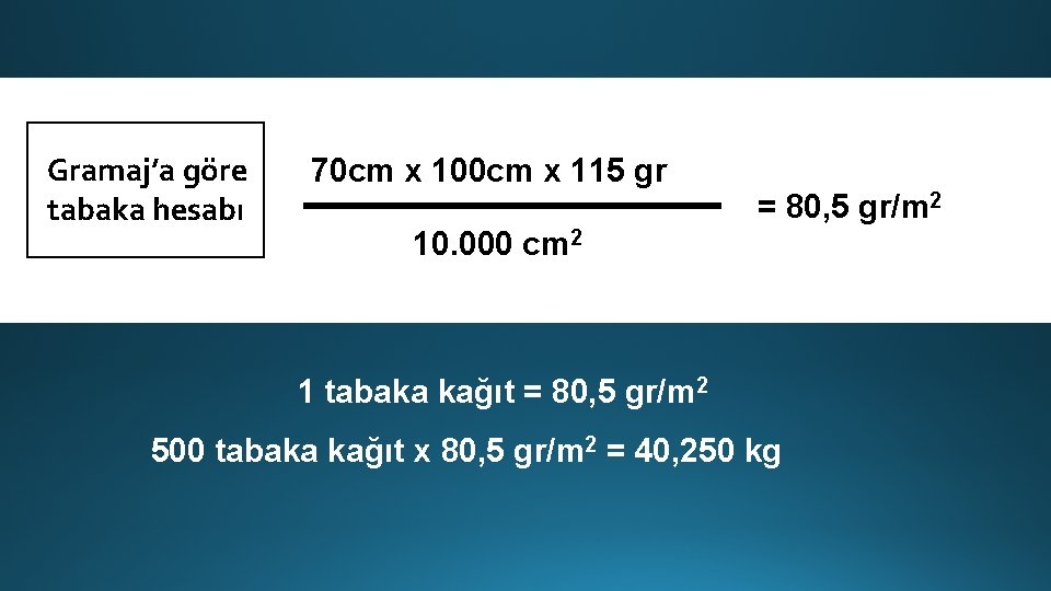 Gramaj’a göre tabaka hesabı 70 cm x 100 cm x 115 gr = 80,