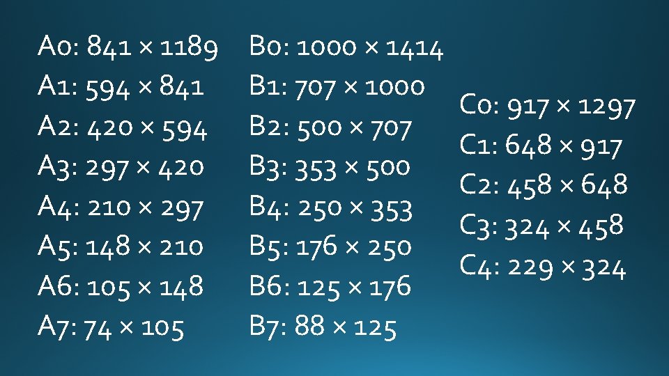 A 0: 841 × 1189 A 1: 594 × 841 A 2: 420 ×