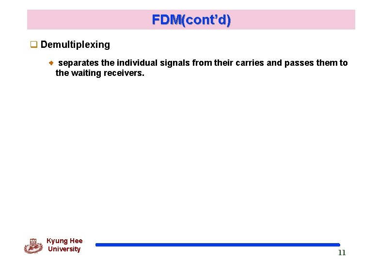 FDM(cont’d) q Demultiplexing separates the individual signals from their carries and passes them to