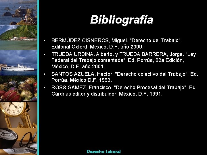 Bibliografía • • BERMÚDEZ CISNEROS, Miguel. "Derecho del Trabajo". Editorial Oxford. México, D. F.