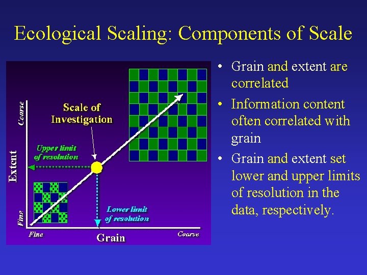 Ecological Scaling: Components of Scale • Grain and extent are correlated • Information content