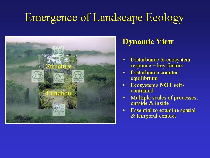 Emergence of Landscape Ecology Dynamic View Structure Function • Disturbance & ecosystem response =