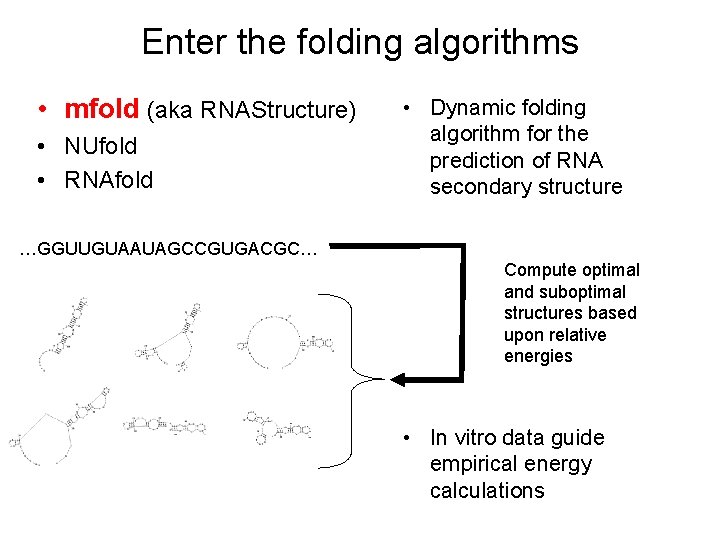 Enter the folding algorithms • mfold (aka RNAStructure) • NUfold • RNAfold • Dynamic