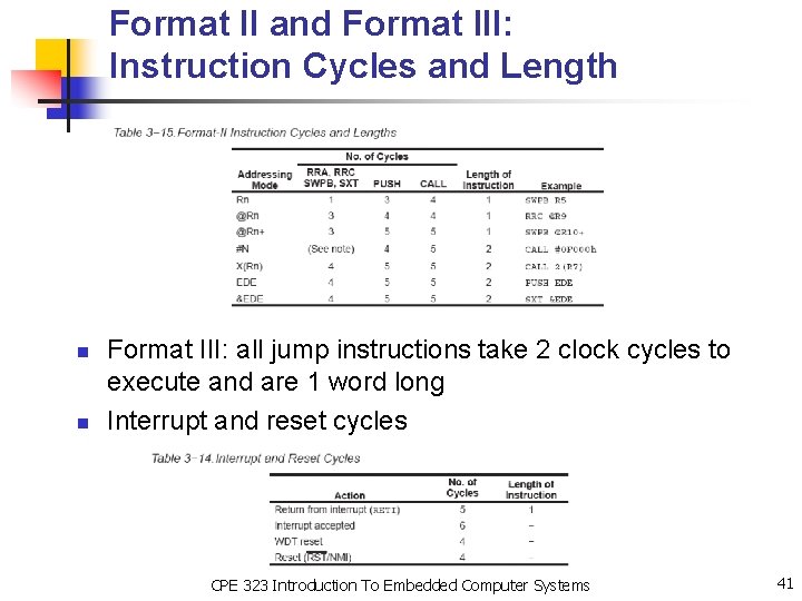 Format II and Format III: Instruction Cycles and Length n n Format III: all