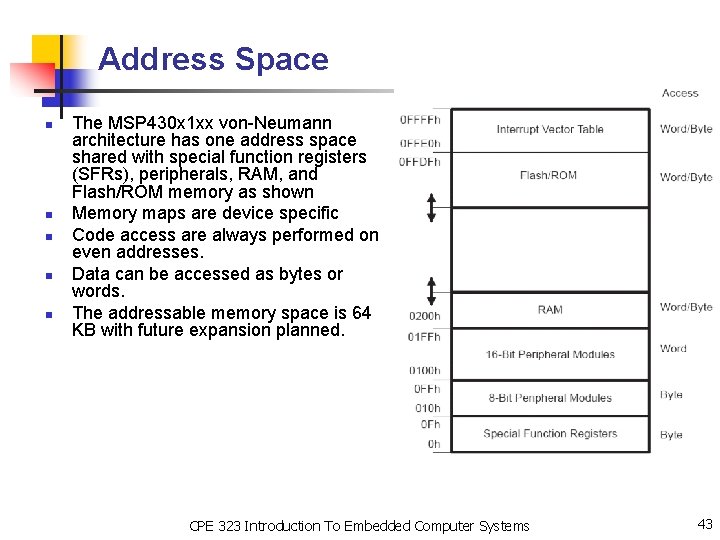 Address Space n n n The MSP 430 x 1 xx von-Neumann architecture has