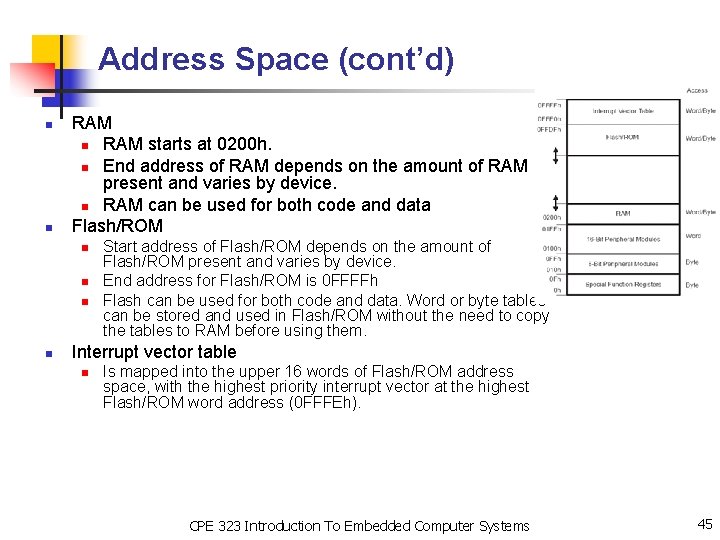 Address Space (cont’d) n n RAM starts at 0200 h. n End address of