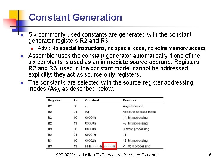 Constant Generation n Six commonly-used constants are generated with the constant generator registers R