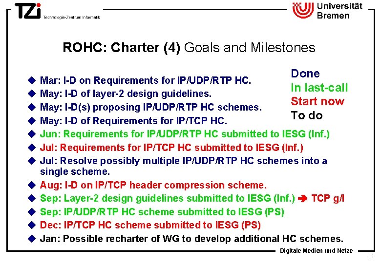 ROHC: Charter (4) Goals and Milestones u u u Done Mar: I-D on Requirements