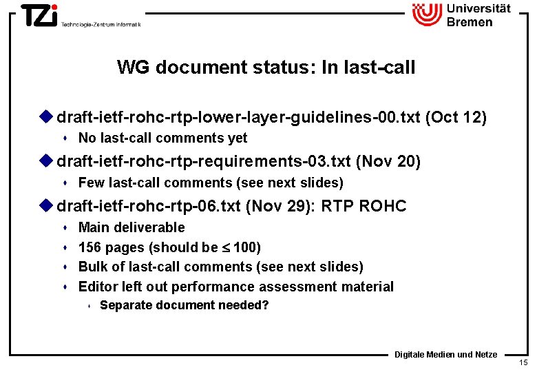 WG document status: In last-call u draft-ietf-rohc-rtp-lower-layer-guidelines-00. txt (Oct 12) s No last-call comments