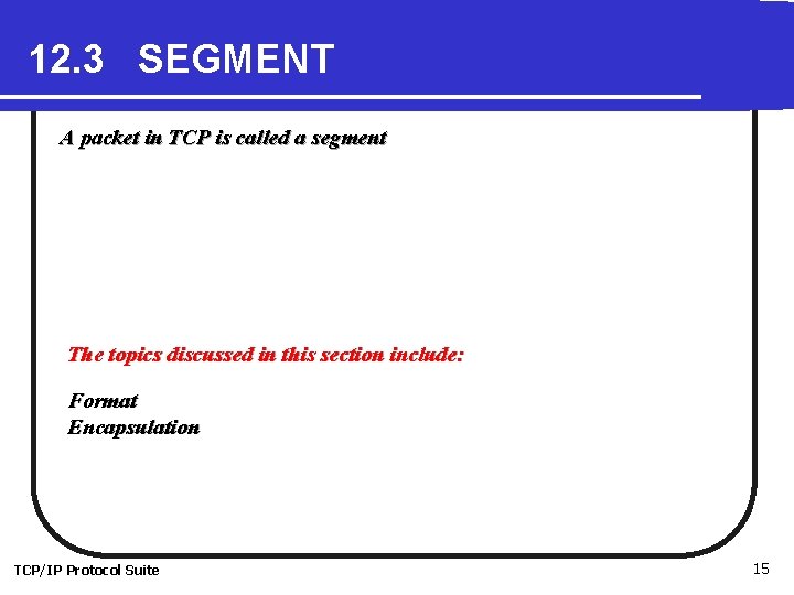 12. 3 SEGMENT A packet in TCP is called a segment The topics discussed