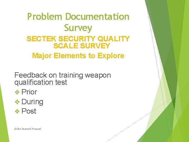 Problem Documentation Survey SECTEK SECURITY QUALITY SCALE SURVEY Major Elements to Explore Feedback on