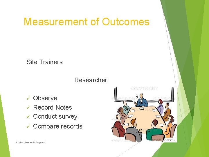 Measurement of Outcomes Site Trainers Researcher: Observe ü Record Notes ü Conduct survey ü