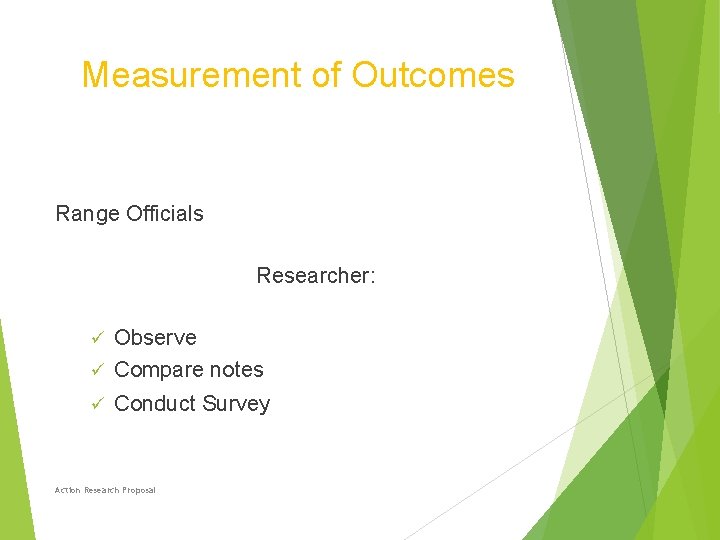 Measurement of Outcomes Range Officials Researcher: Observe ü Compare notes ü ü Conduct Survey