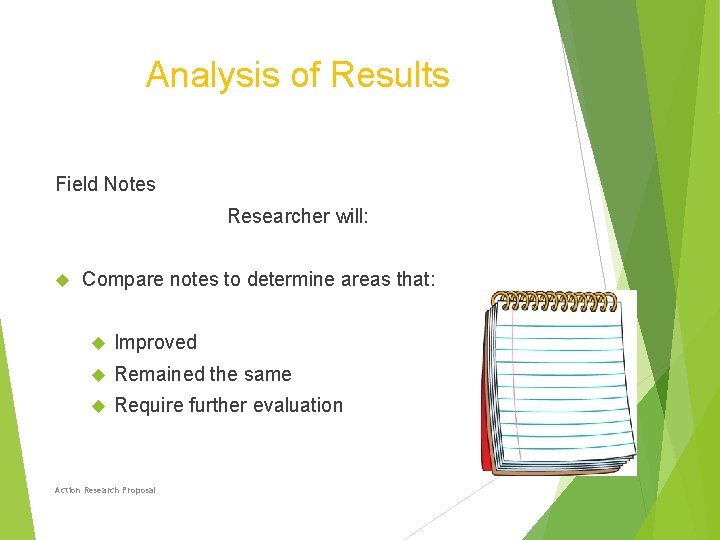 Analysis of Results Field Notes Researcher will: Compare notes to determine areas that: Improved